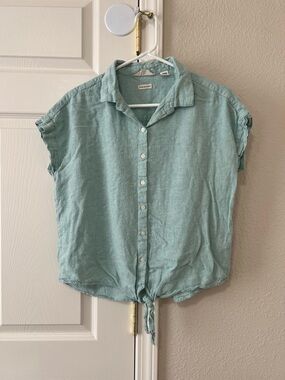 Weatherproof Vintage Linen Blend Tie Front Top Aqua Size Small